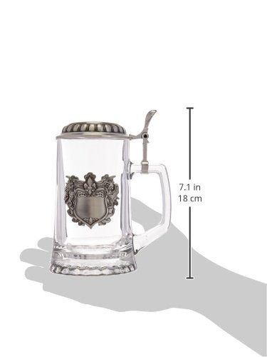 Engraveable Pewter Fleur de Lis Crest Removeable Lid 13.5 ounce Glass Stein Q-GP6943
