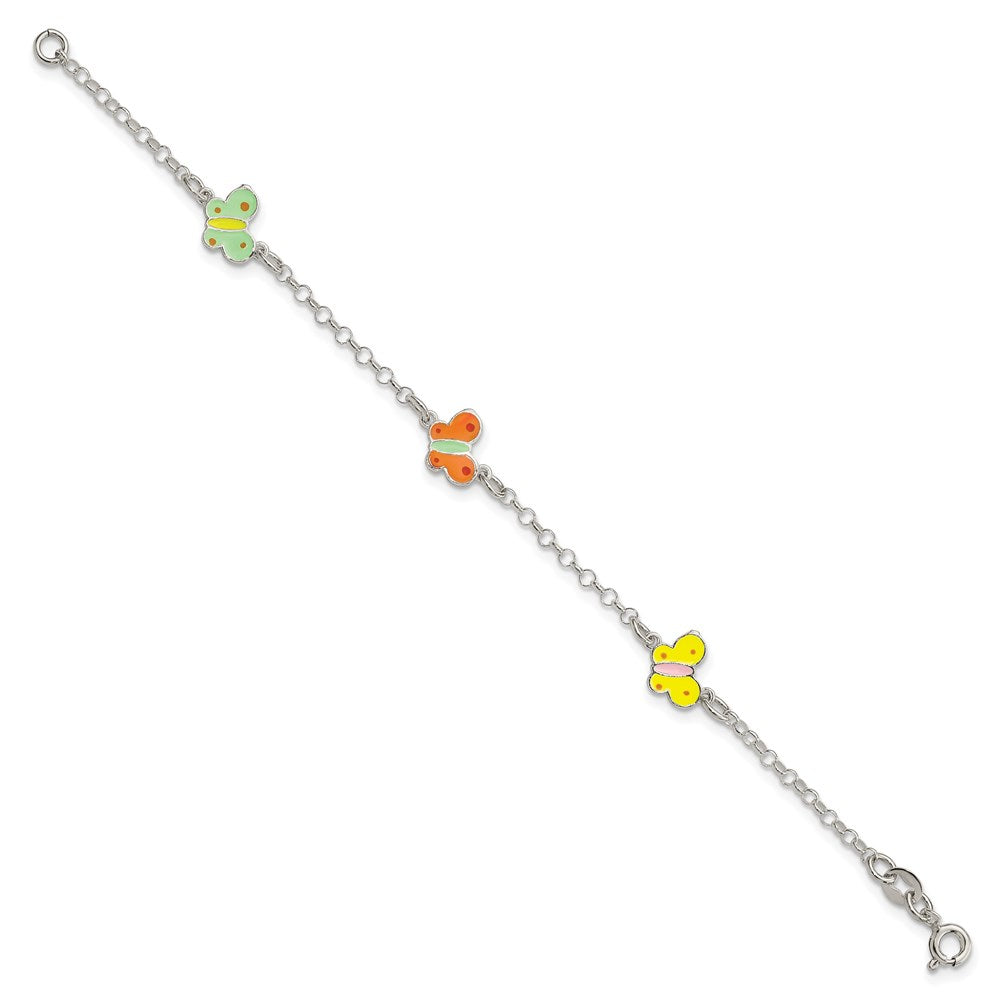 Sterling Silver Polished Multi-color Enamel Butterflies Children's Bracelet 6 inches