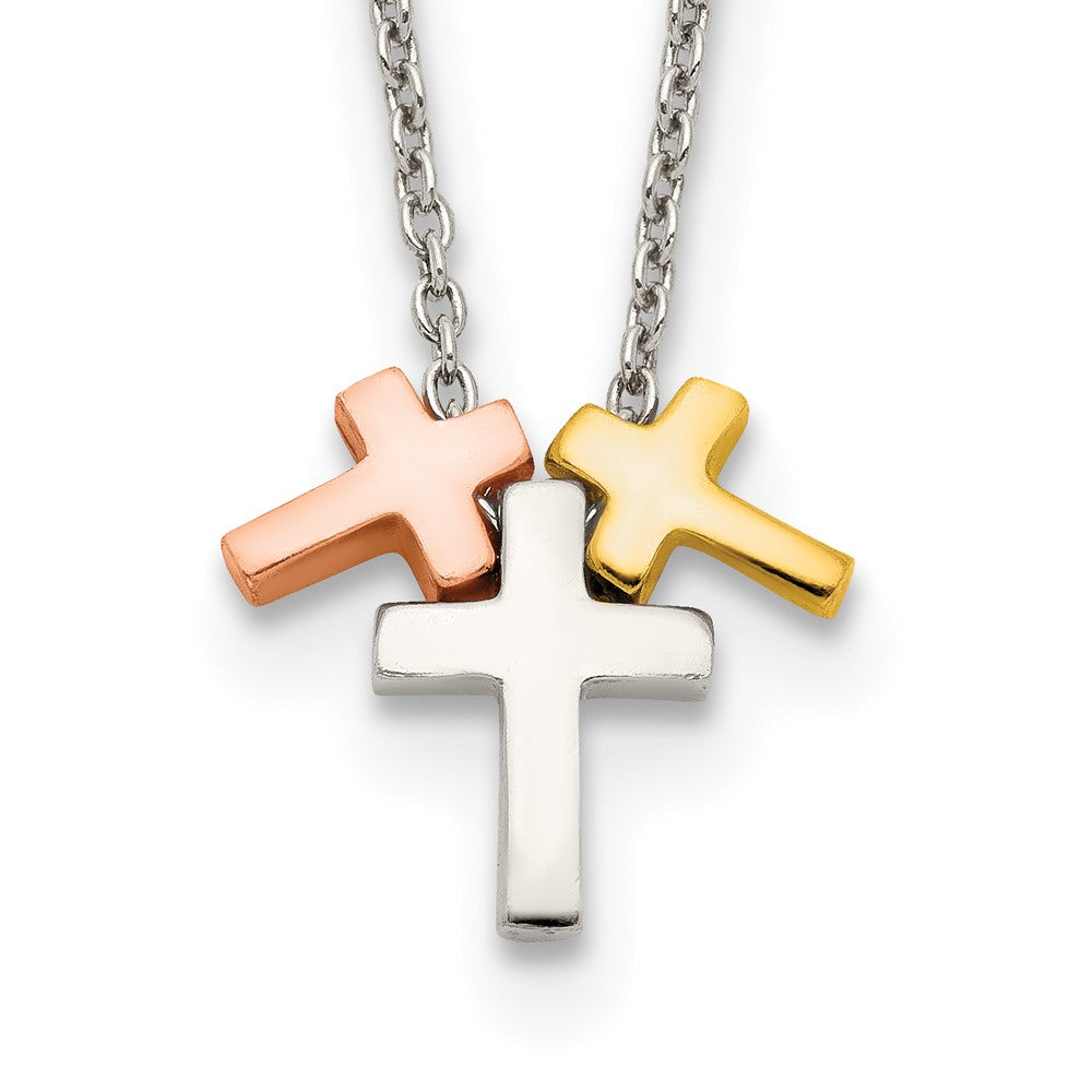 Sterling Silver Rose and Gold-tone 3-Cross w/ 2in ext. Necklace 16 Inches