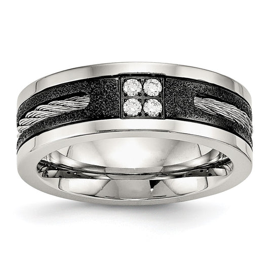 Stainless Steel Polished Black IP Laser Cut w/Cable Inlay & CZ 8mm Band