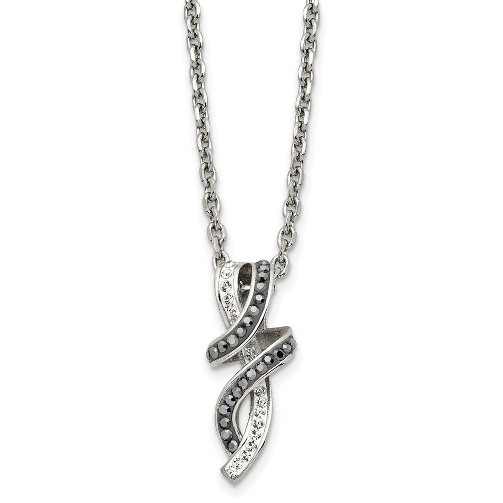 Stainless Steel Polished Black & White Crystal Fancy Twisted 18in Necklace