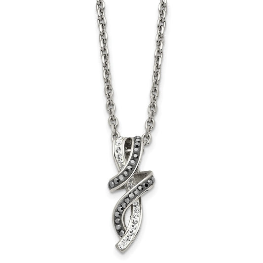 Stainless Steel Polished Black & White Crystal Fancy Twisted 18in Necklace
