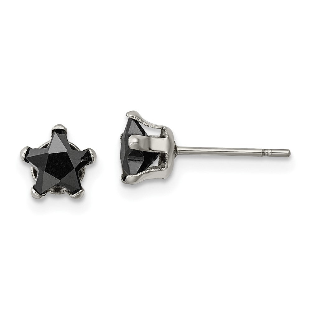 Stainless Steel Polished 6mm Black Star CZ Stud Post Earrings