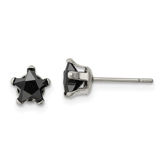Stainless Steel Polished 6mm Black Star CZ Stud Post Earrings