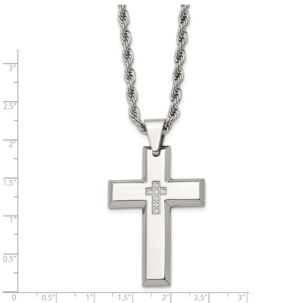 Stainless Steel Polished w/CZ Cross 24in Necklace