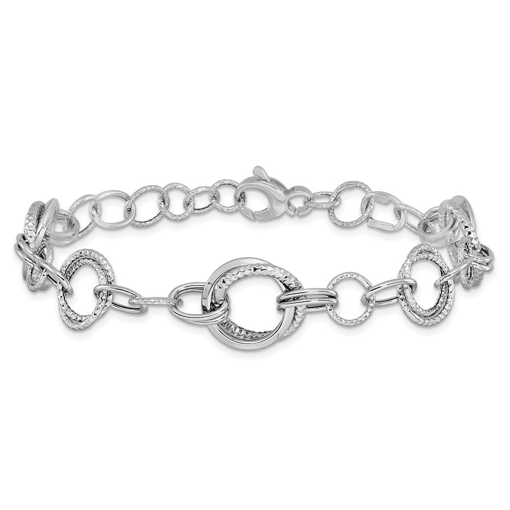 14K White Gold Polished and Textured Fancy Link Bracelet 7  inches
