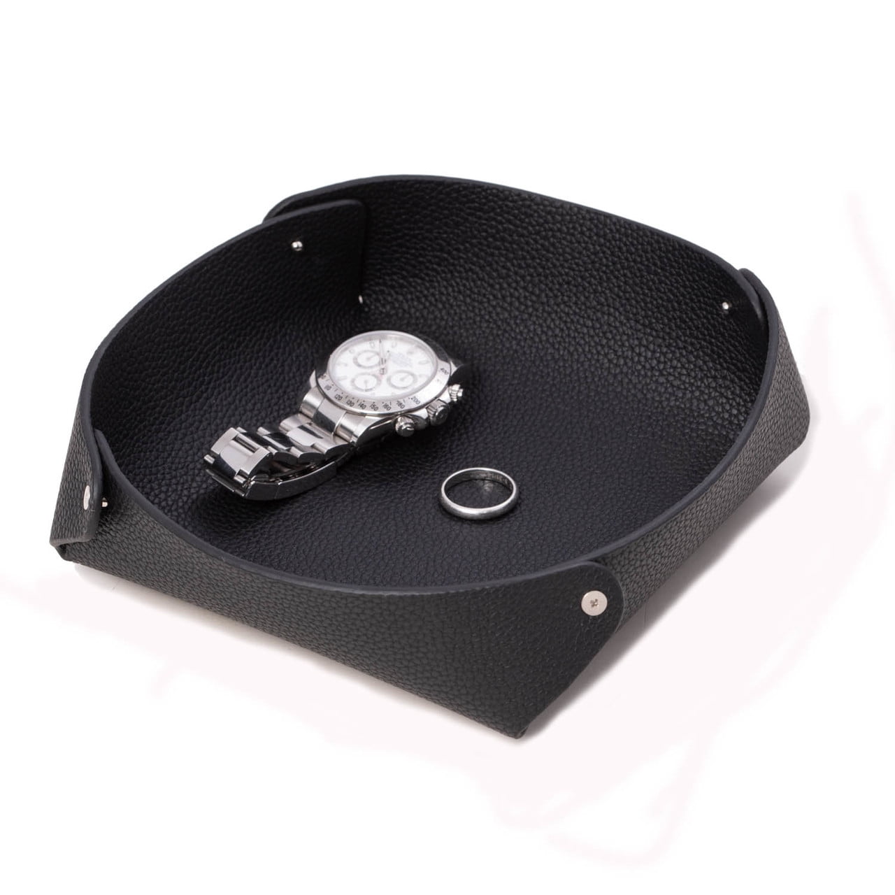 Leather Catchall Valet Tray In Lay Flat Design - Black