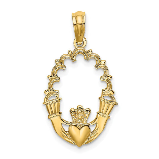 14K Engraved Claddagh In Oval w/ Lace Trim Charm