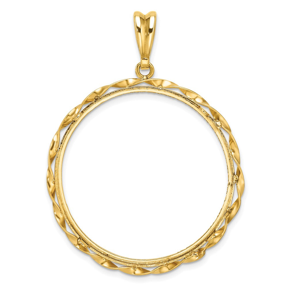 Wideband Distinguished Coin Jewelry 14k Polished Hand Twisted Ribbon and Diamond-cut 32.0mm Prong Coin Bezel Pendant