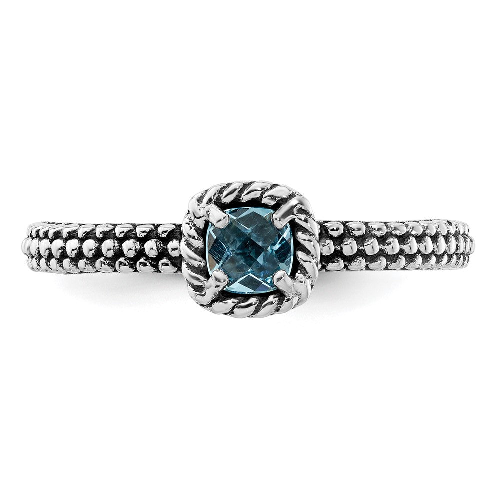 Sterling Silver Stackable Expressions Checker-cut Blue Topaz Antiqued Ring Size -7