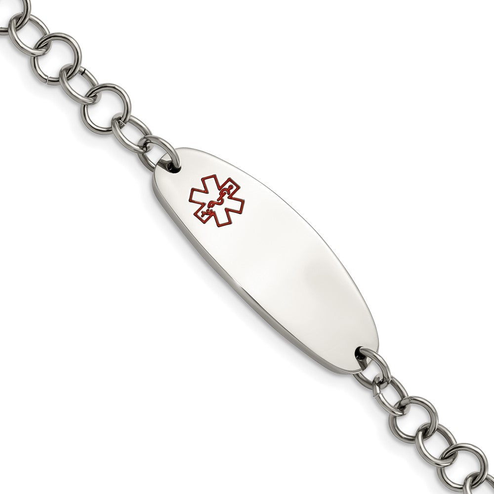 Stainless Steel Polished with Red Enamel 7.25in Medical ID Bracelet 7.25 inches