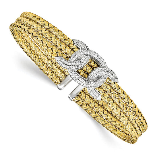 Sterling Silver Rhodium-plated and Gold-plated CZ Woven Cuff 6.75  inches