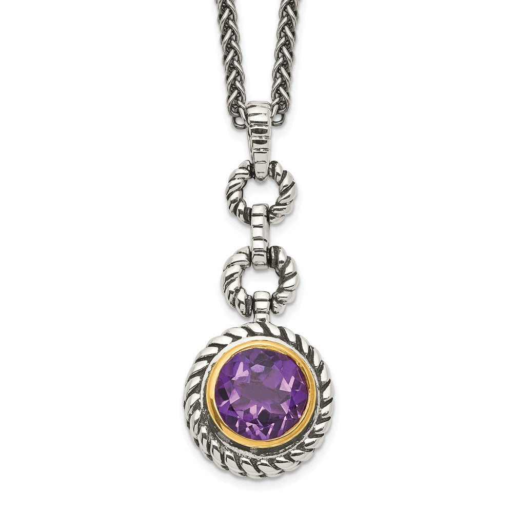 Shey Couture Sterling Silver Gold-tone Flash Gold-plated 18 Inch Antiqued Round Bezel Amethyst Necklace 18 Inches