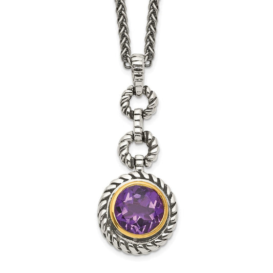 Shey Couture Sterling Silver Gold-tone Flash Gold-plated 18 Inch Antiqued Round Bezel Amethyst Necklace 18 Inches
