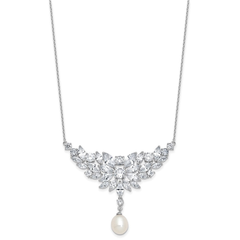 Cheryl M Sterling Silver Rhodium-plated Polished Fancy Freshwater Cultured Pearl and CZ Necklace 18 Inches
