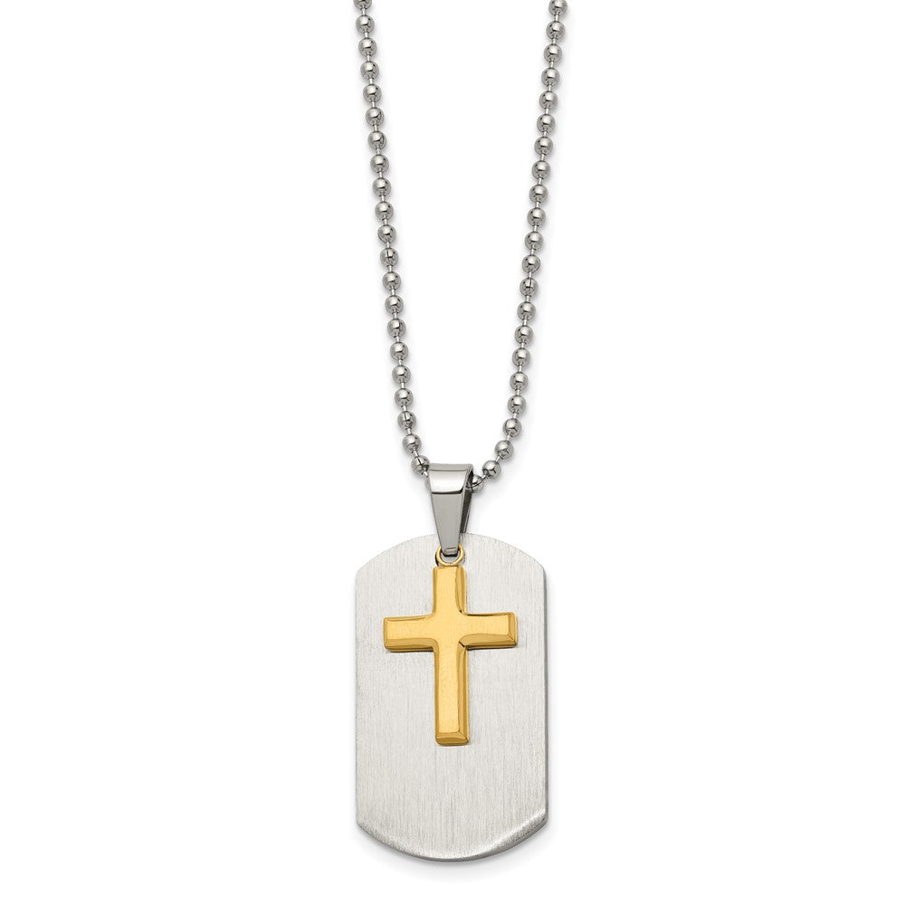 Stainless Steel Brushed & Polished Yellow IP-plated Cross Dog Tag 22in Neck