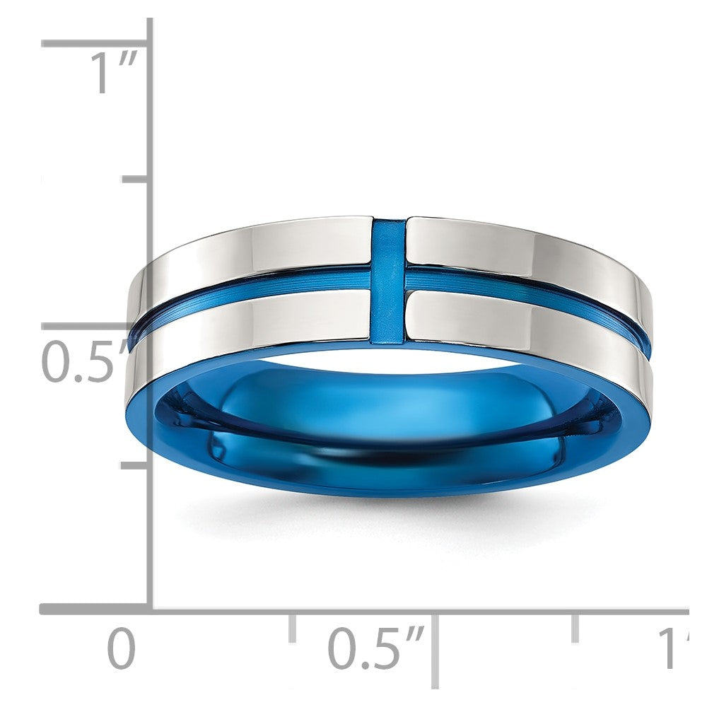Chisel Stainless Steel Polished Blue IP-plated Grooved 6mm Band Size - 13