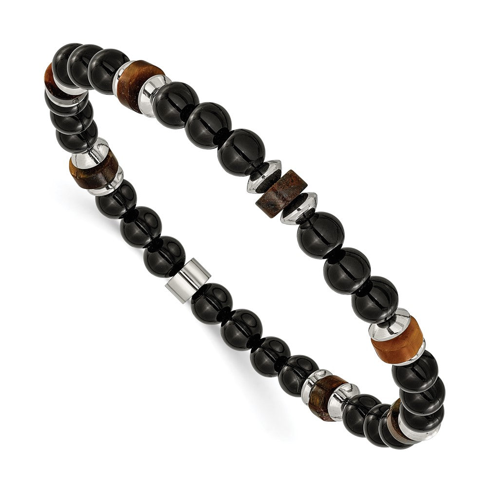 Chisel Stainless Steel Polished 6.710mm Black Onyx and Tiger's Eye Beaded 7.75 inch Stretch Bracelet 7.25 inches