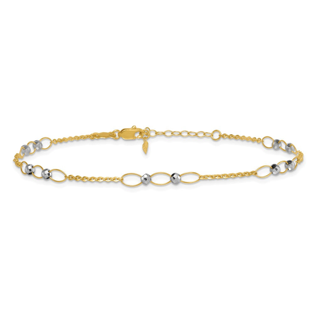 14k Two-tone Polished Oval Links and Faceted Beads 9 inch Plus 1 inch Extension Anklet