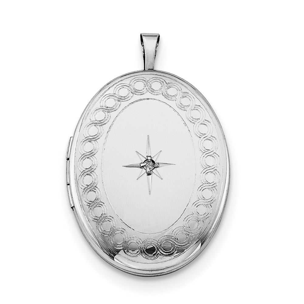 Sterling Silver Rhod-plated 26mm Circle Border Diamond Oval Locket Necklace 18 Inches
