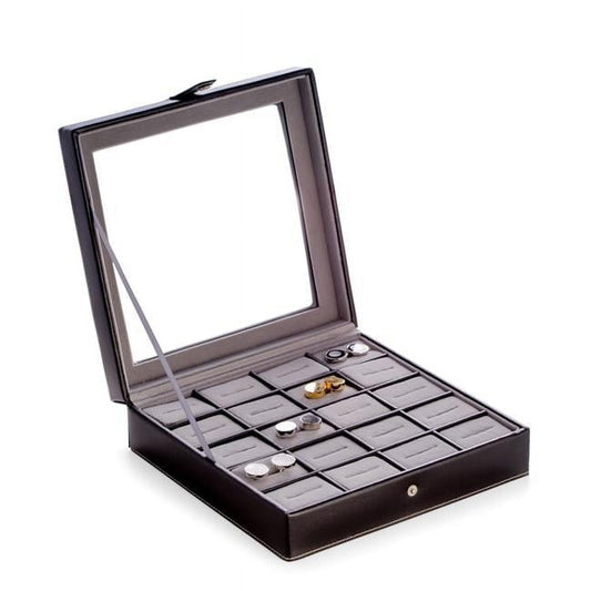 Bey-Berk International BB579BLK Black Leather 20 Cufflink Box with Glass Top & Snap Closure