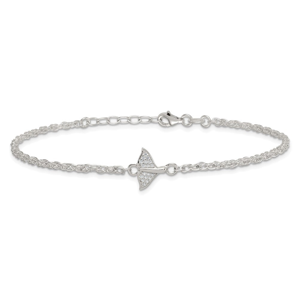 Sterling Silver Polished White CZ Whale Tail 9 inch with 1 inch Extension Anklet