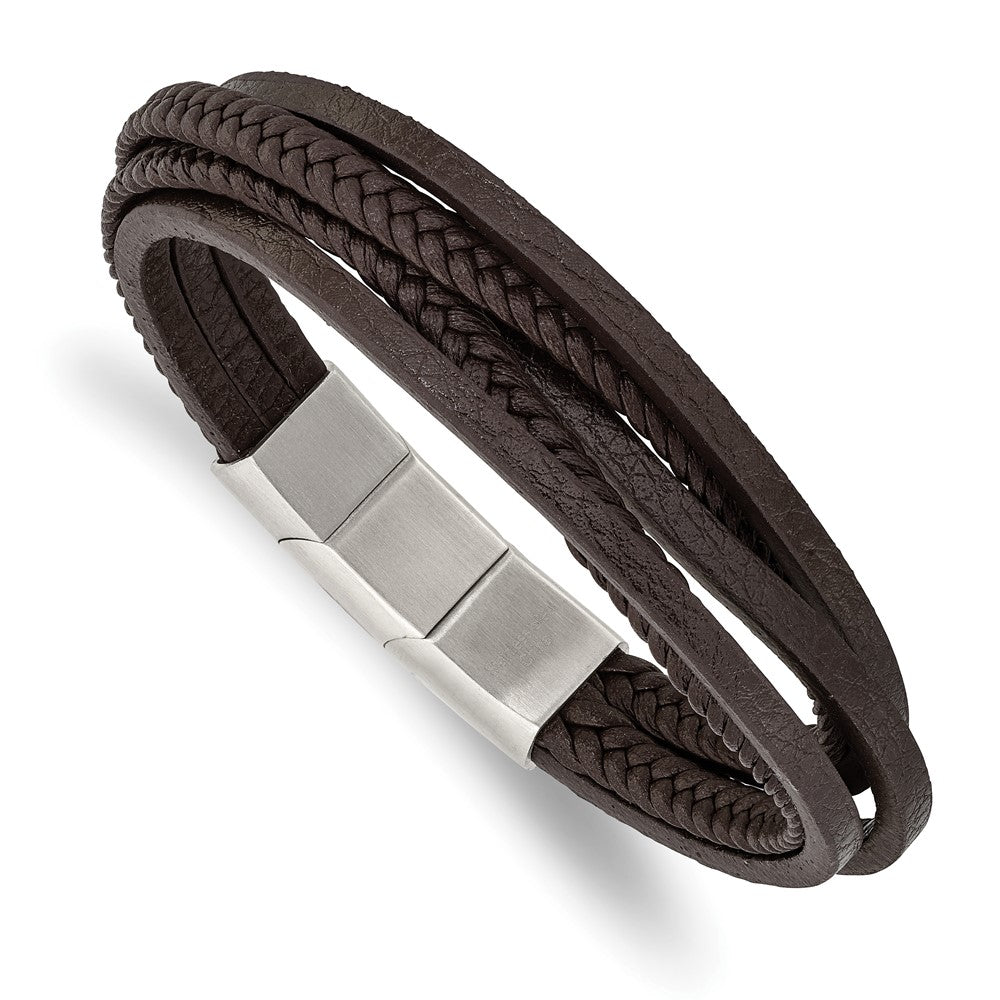 Stainless Steel Polished Brown PU Leather Multi Strand w/.5in ext Bracelet 8 inches