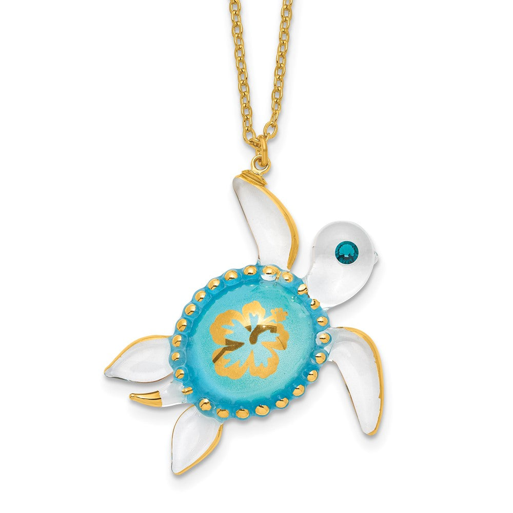 Glass Baron 22K Gilding Accent Gold-trim Blue Glass with Crystal from Swarovski Accent Sea Turtle Aloha 18 inch Gold-tone Necklace QGM15182