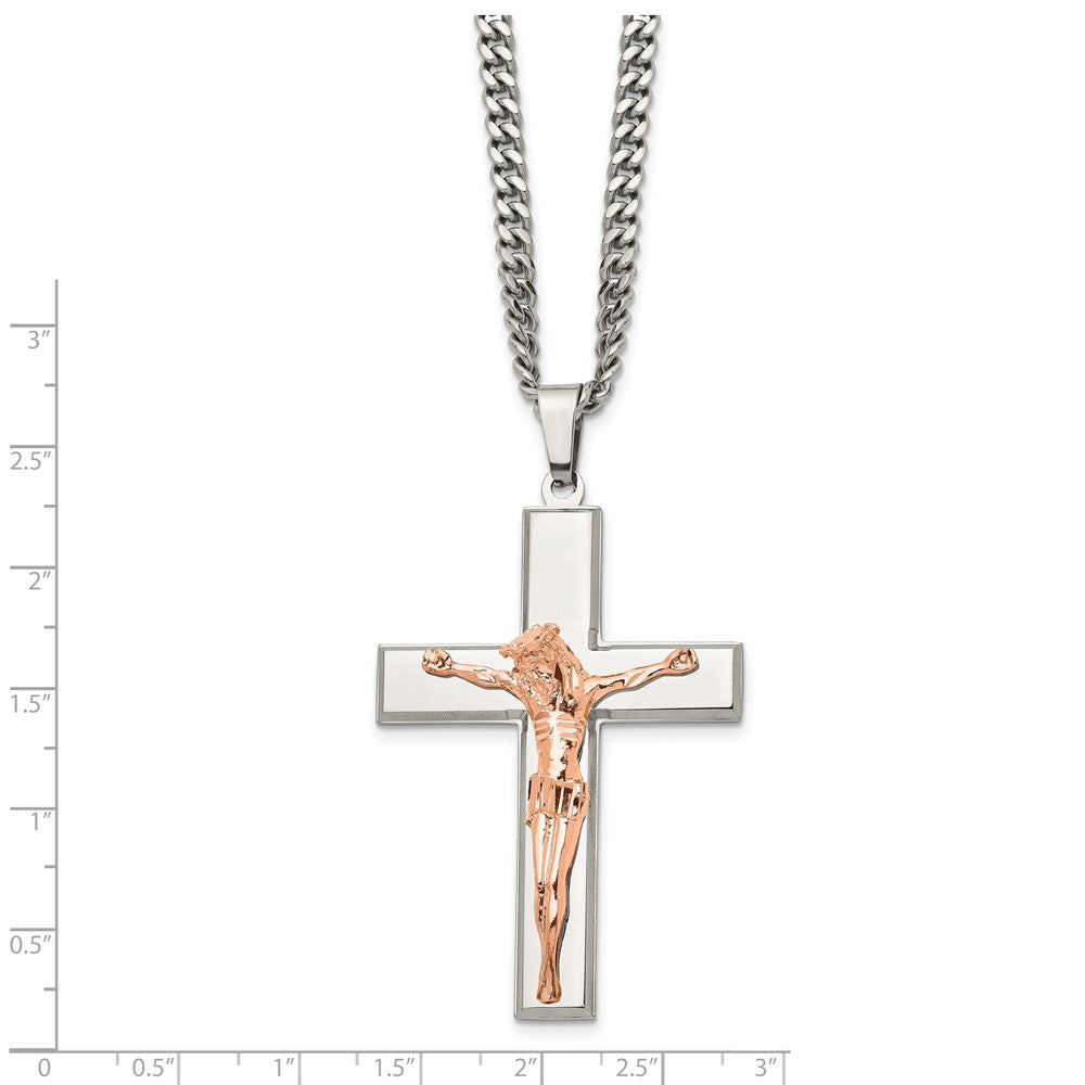 Stainless Steel Polished Rose IP-plated Crucifix 24in Necklace