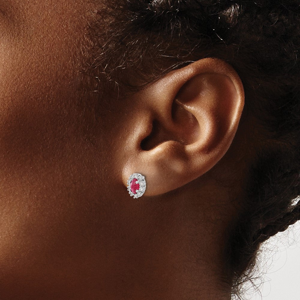 14k White Gold Diamond and Ruby Oval Halo Earrings