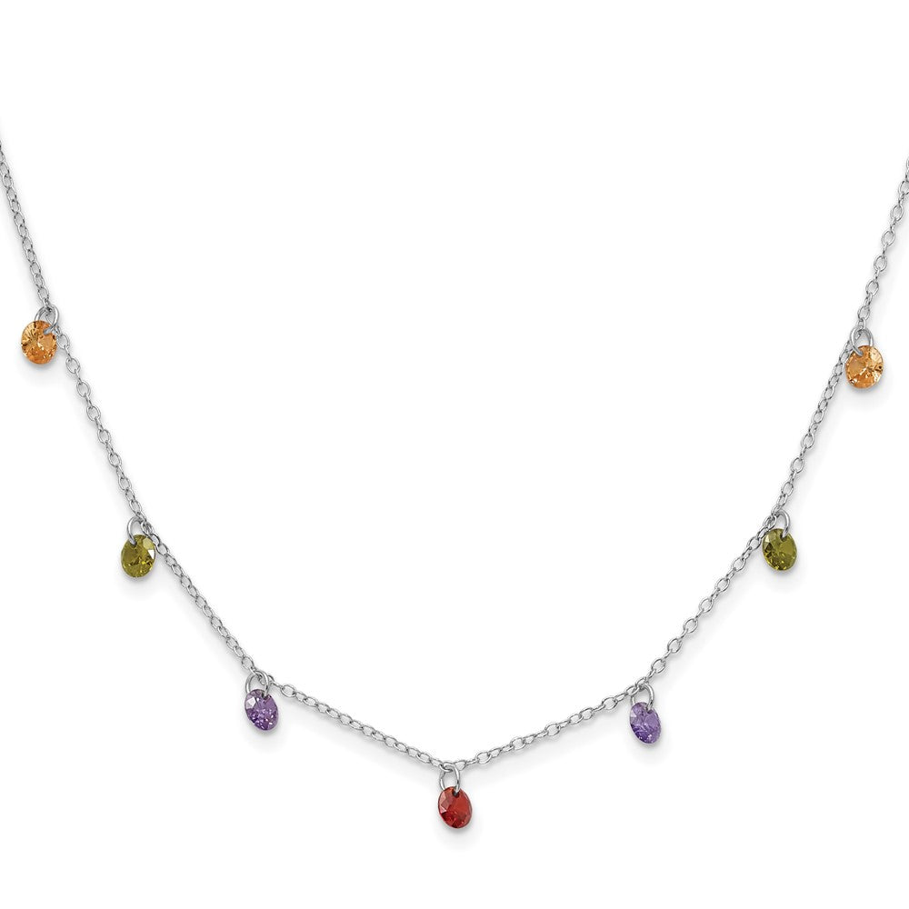 Prizma Sterling Silver Rhodium Plated 16 inch Dangling Colorful CZ Necklace with 2 inch Extender 16 Inches