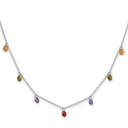 Prizma Sterling Silver Rhodium Plated 16 inch Dangling Colorful CZ Necklace with 2 inch Extender 16 Inches