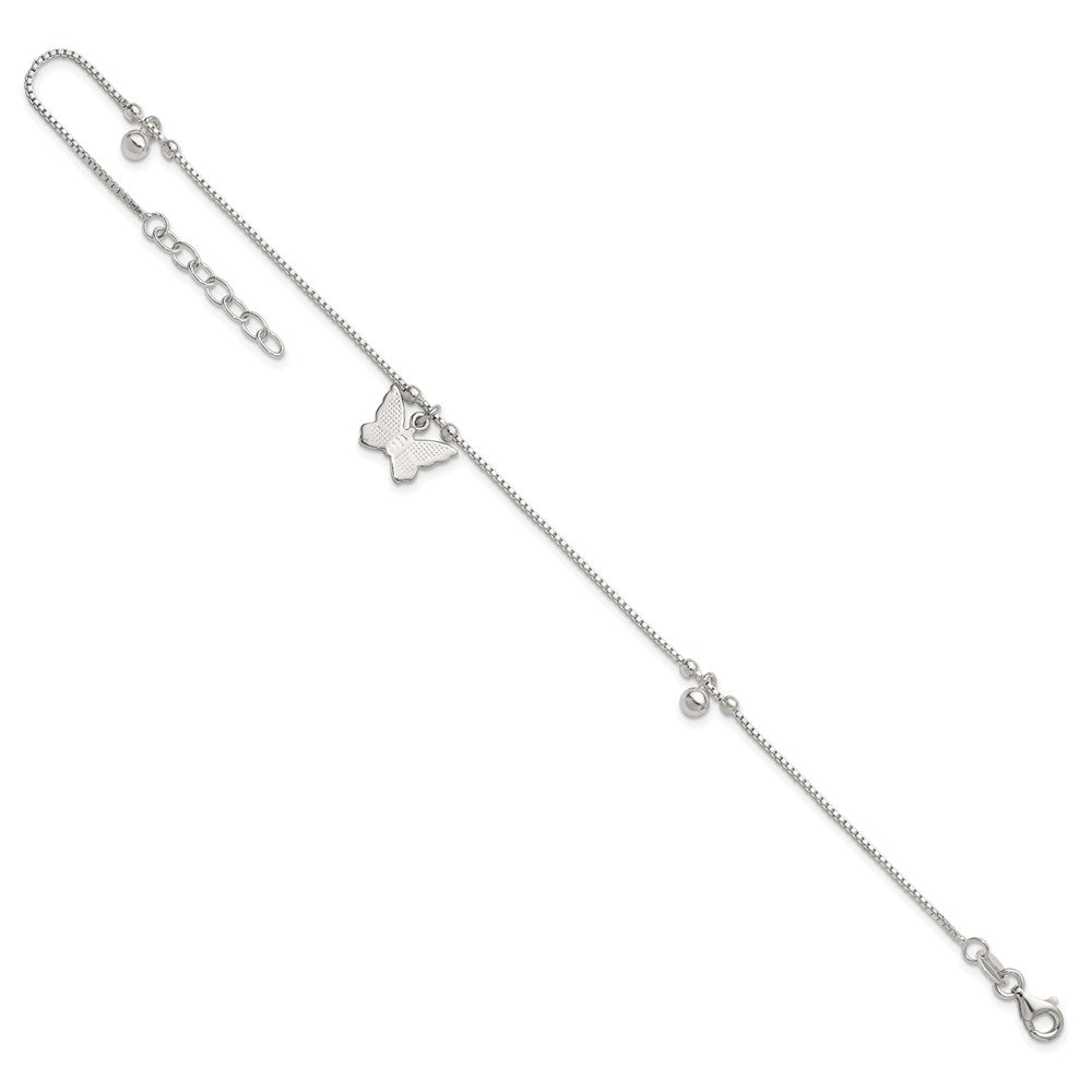 Sterling Silver Polished Textured and Beaded Butterfly 9 inch with 1 inch Extension Anklet