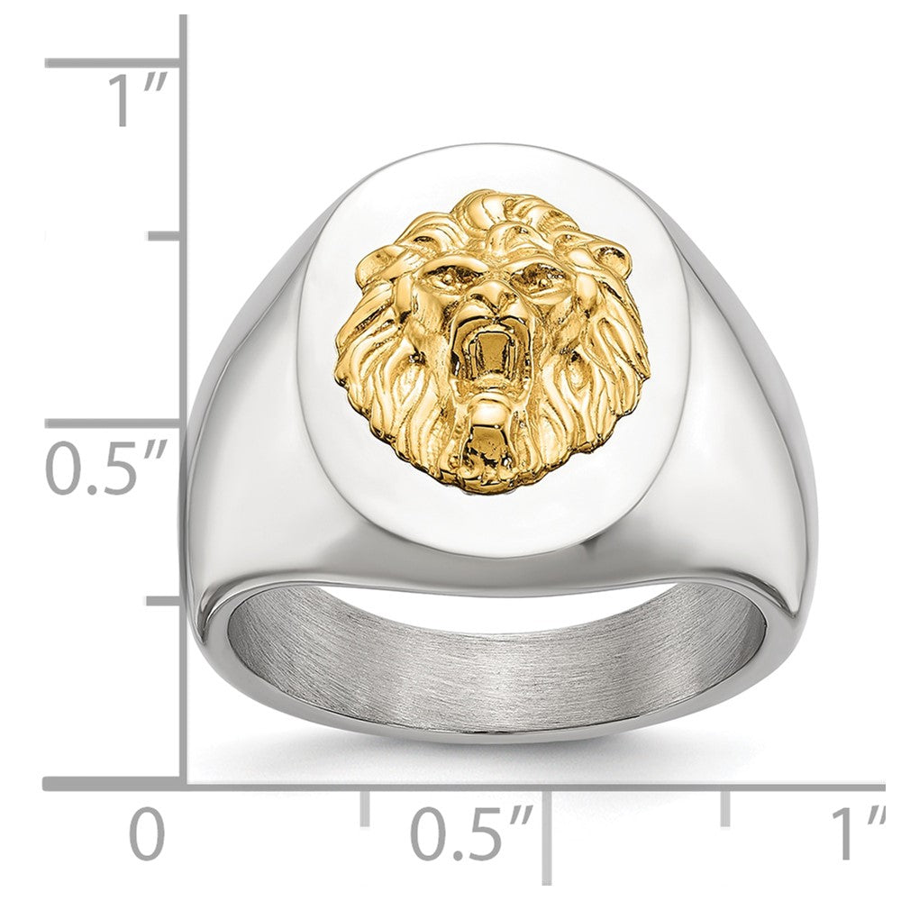 Chisel Stainless Steel Polished with 14K Gold Accent Lion Head Signet Ring Size - 9