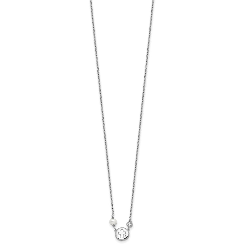 Sterling Silver RH-plated CZ/Cross/FWC Pearl w/2in ext Necklace 16 Inches