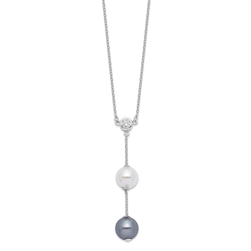 Majestik Sterling Silver Rhodium-plated 10-11mm White and Grey Imitation Shell Pearl and CZ Spring Ring Clasp 18 inch Necklace 18 Inches