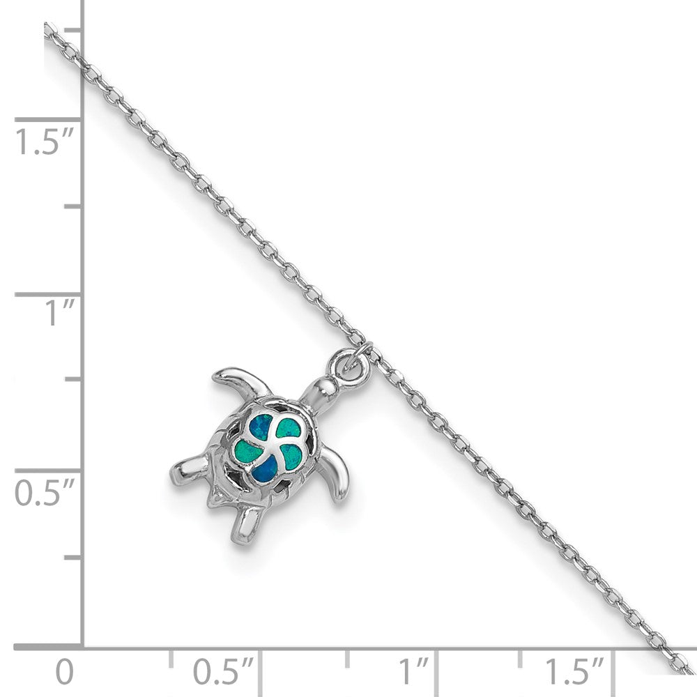 Sterling Silver Rhodium-plated Polished Created Opal Turtle 9 inch with a 1 inch Extention Anklet