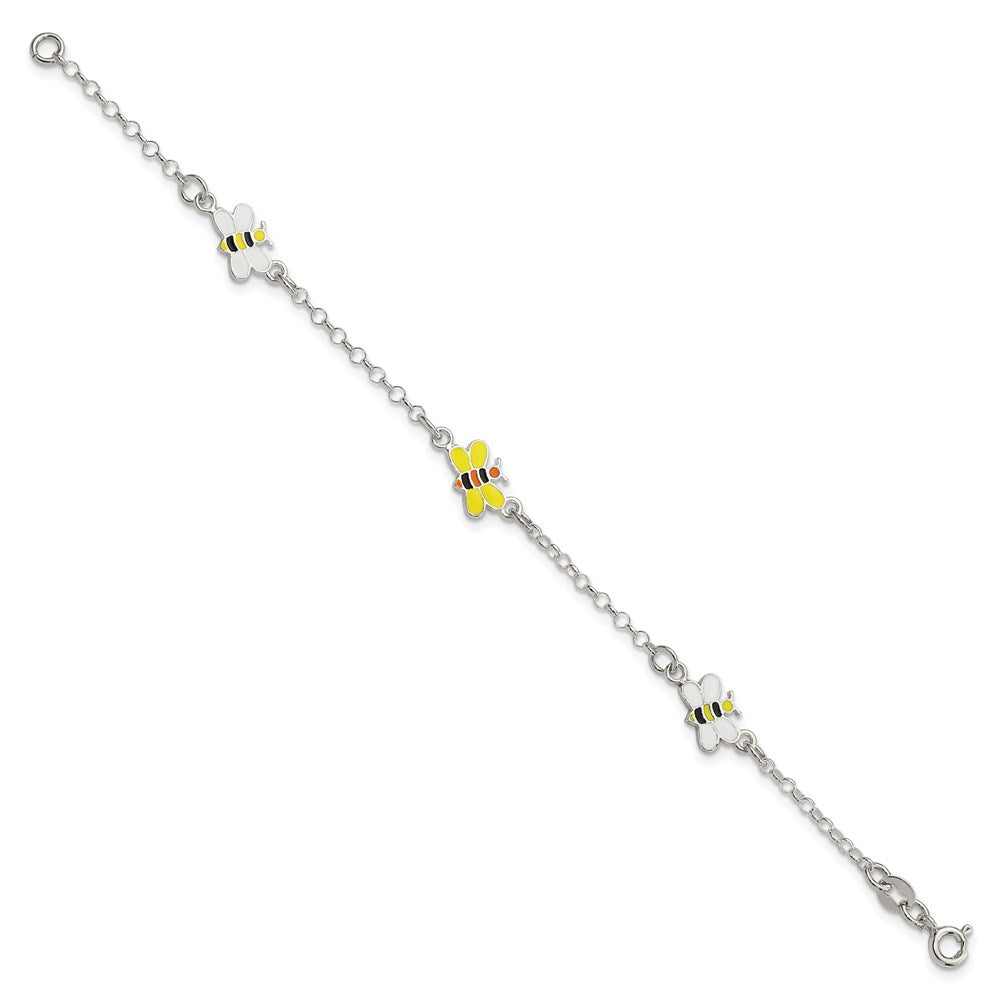 Sterling Silver Polished & Enameled Bees Children's Bracelet 6 inches