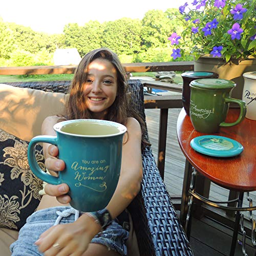 Cathedral Art-DBA Abbey Gift 096822 Mug Grace Outpoured Amazing Woman Interior with Coaster Lid, Teal & Cream