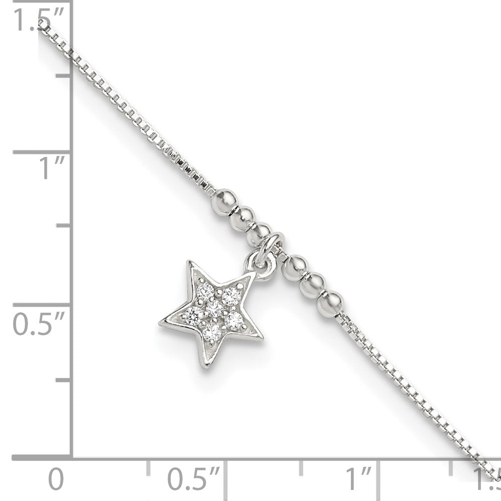 Sterling Silver CZ Star and Beads 9in Plus 1in Ext. Anklet 9 inches