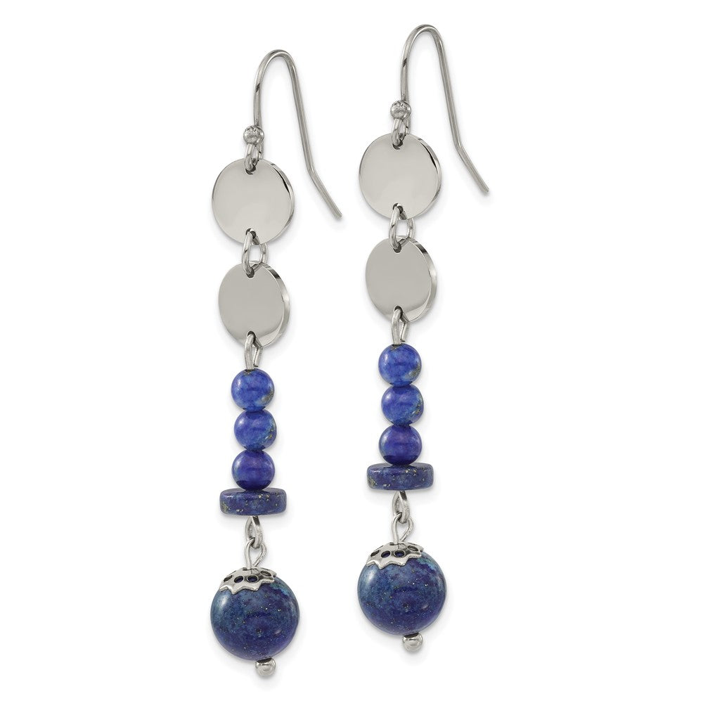 Stainless Steel Polished with Lapis Beads Dangle Shepherd Hook Earrings