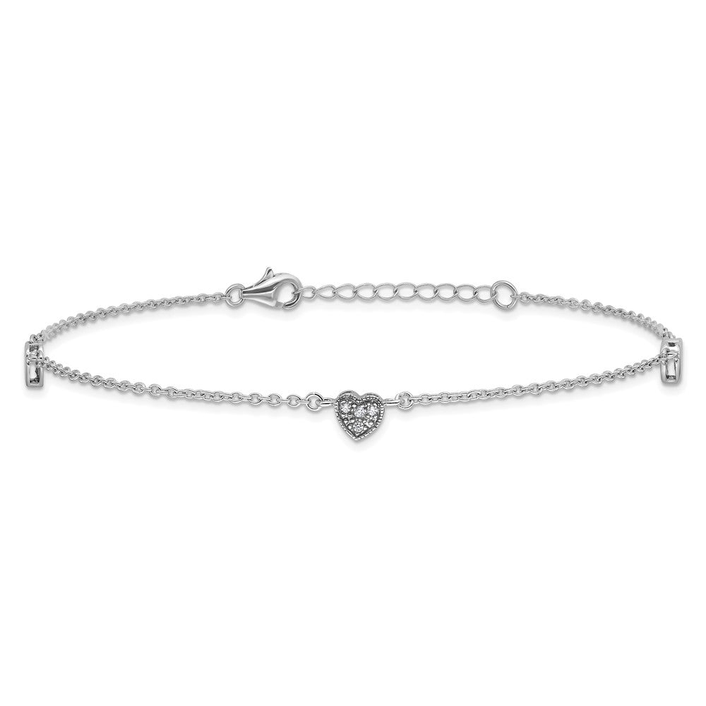 Sterling Silver Rhodium-plated CZ 9in Plus 1in Ext Heart Anklet 9 inches