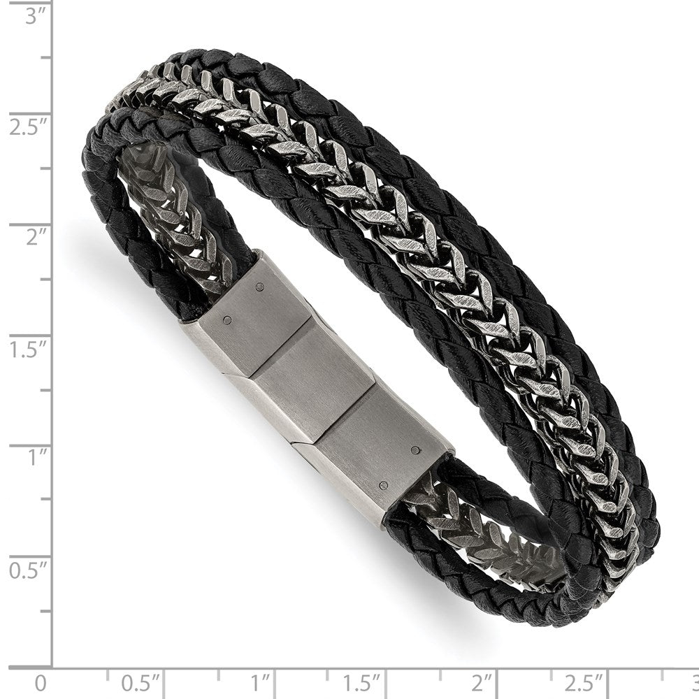 Stainless Steel Antiqued & Brushed Blk Leather 8.25in w/.5in ext Bracelet 8.25 inches