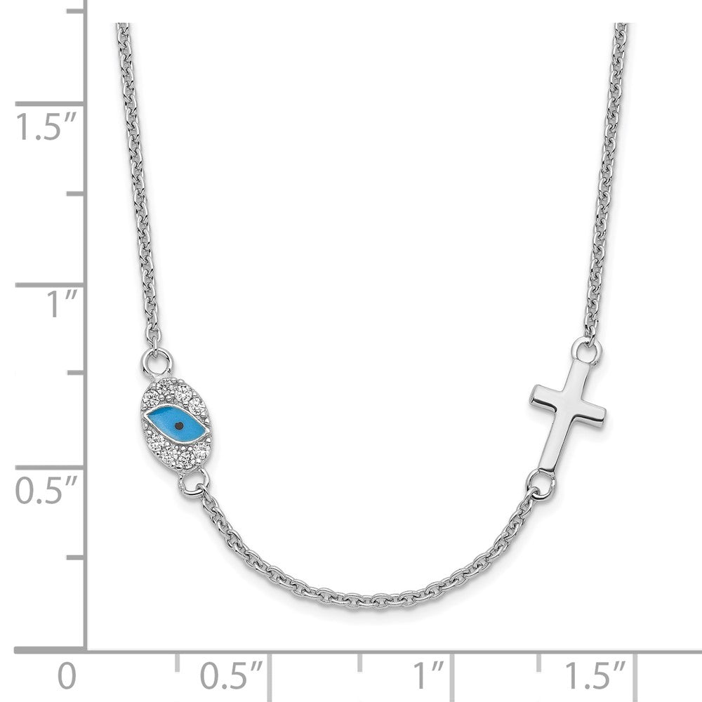 Sterling Silver RH CZ Enamel Cross w/Eye 16.5in w/2in ext Necklace 16.5 Inches