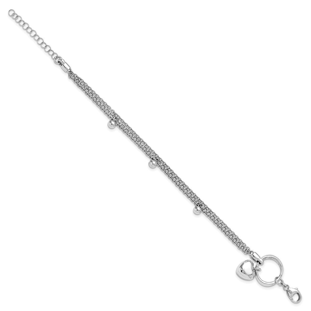 Sterling Silver Rh-plated Heart 3-strand w/ 1in ext. Bracelet 7  inches