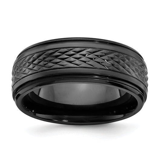 Black Zirconium Polished 8mm Ridged Edge Band Size - 12