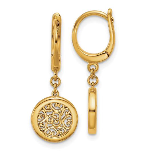 14K Polished Fancy Filigree Circle Leverback Dangle Earrings