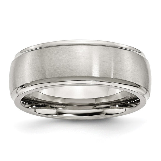 Stainless Steel Polished w/Brushed Center 8mm Ridged Edge Band Size - 10