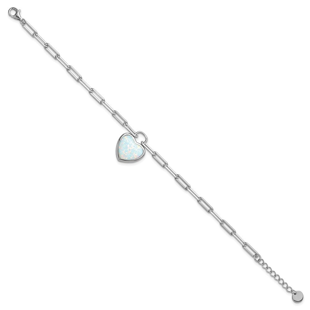 Cheryl M Sterling Silver Rhodium-plated Polished Created Opal Heart Paperclip Link with 1 Inch Extension Bracelet 8 inches