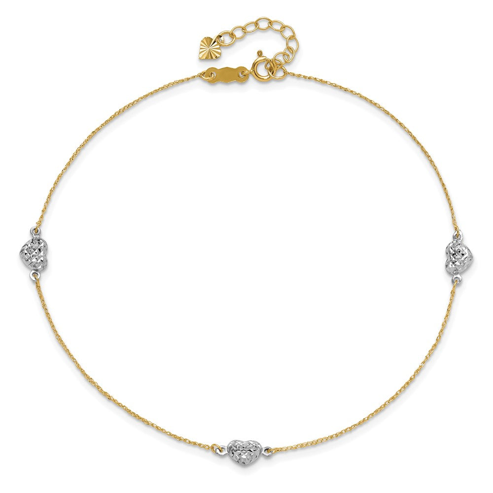 14k Two-tone Puff Heart 9in Plus 1in ext Anklet 10 inches